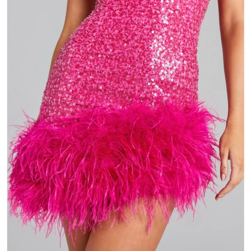 Nadine Merabi Evie beaded and feather hot pink dress - Picture 5 of 13